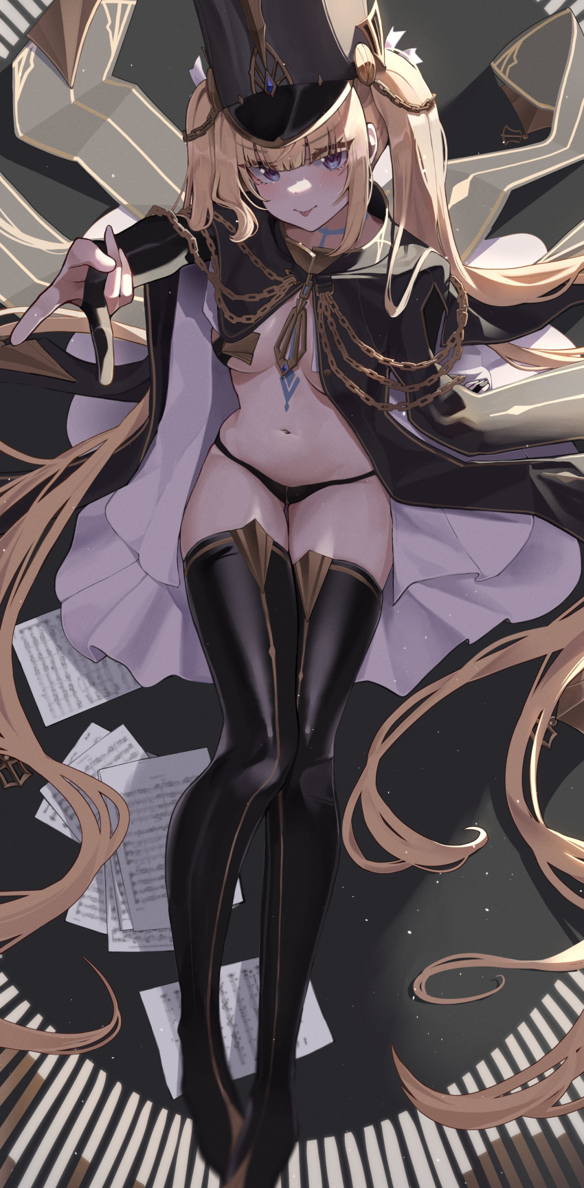 1girl :p absurdres black_gloves black_headwear black_panties black_thighhighs blonde_hair blue_eyes blunt_bangs breasts bridal_gauntlets cape chest_tattoo commentary counter:side elbow_gloves full_body gloves gyaru_v hat highres long_hair looking_at_viewer luna_(counter:side) medium_breasts navel outstretched_arm panties paper pomp_(qhtjd0120) revealing_clothes shako_cap sitting solo straight-on symbol-only_commentary tattoo thighhighs tongue tongue_out twintails underboob underwear v v-shaped_eyebrows very_long_hair