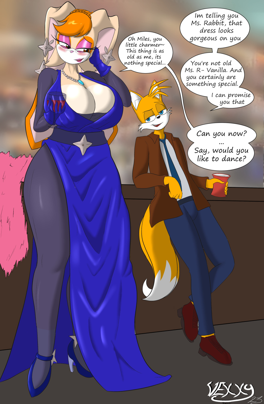 2_tails absurd_res age_difference alcohol ankle_strap_heels anthro beverage big_breasts big_ears blue_clothing blue_dress blue_gloves blue_handwear blue_heels blush breasts brown_eyes canid canine cleavage clothed clothing dress drinking duo female flirting footwear fox fur gloves hair handwear hi_res high_heels huge_breasts jewelry lagomorph legwear leporid makeup male mammal mature_female miles_prower mobian_fox mobian_rabbit multi_tail necklace older_female open_mouth orange_hair rabbit sega sonic_the_hedgehog_(series) star_jewelry tail tan_body tan_fur text thick_thighs tights vanilla_the_rabbit vexxyvex white_body white_fur wine yellow_body younger_male