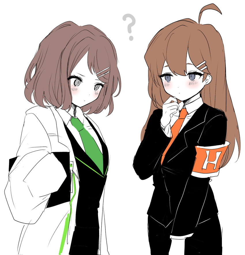 2girls armband black_suit black_vest blue_eyes blush brown_hair clipboard collared_shirt commentary_request cowlick formal grey_eyes hair_ornament hairclip highres hod_(project_moon) lab_coat limbus_company lobotomy_corporation long_hair long_sleeves look-alike migishita multiple_girls necktie project_moon shirt short_hair shrenne_(limbus_company) suit vest white_shirt