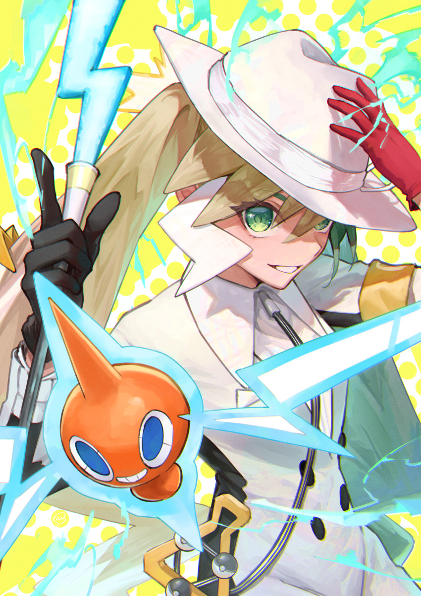 1girl absurdres asymmetrical_gloves black_gloves bossan_3310 cane electric_miku_(project_voltage) electricity gloves green_eyes hand_on_headwear hat hatsune_miku highres holding holding_cane lightning_bolt_symbol long_hair mismatched_gloves multicolored_hair poke_ball pokemon project_voltage red_gloves rotom rotom_(normal) smile twintails two-tone_hair very_long_hair vocaloid waist_poke_ball