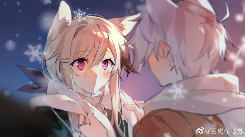 1boy 1girl animal_ear_fluff animal_ears arknights black_jacket blurry blurry_foreground blush brown_hair brown_jacket cardigan_(arknights) closed_mouth depth_of_field facing_another grey_hair hair_between_eyes hair_ornament hairclip highres jacket looking_at_another purple_eyes ribbed_sweater scarf snowflakes steward_(arknights) sweater turtleneck turtleneck_sweater upper_body white_scarf white_sweater yu_lan_zai_shuijiao