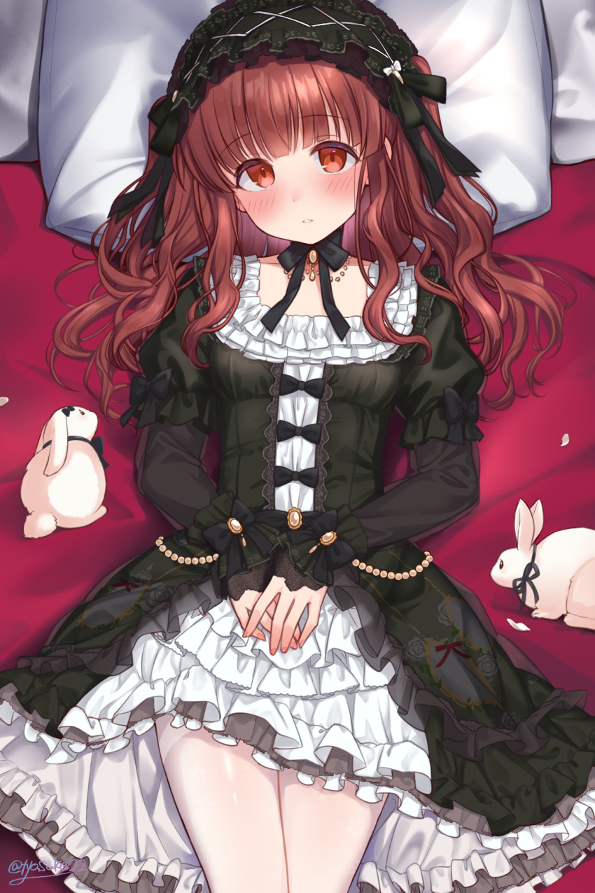 1girl :o alternate_hairstyle blush chiyosuke_(nosuke21) frills gothic_lolita hairband highres idolmaster idolmaster_cinderella_girls idolmaster_cinderella_girls_starlight_stage lolita_fashion looking_at_viewer ogata_chieri on_bed pillow rabbit red_eyes red_hair ribbon solo thighhighs two_side_up white_thighhighs