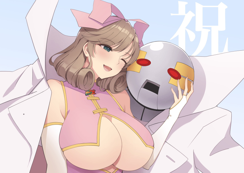 1girl absurdres blush bow breasts bridal_gauntlets cleavage curly_hair green_eyes hair_bow hair_ribbon haruka_(senran_kagura) highres huge_breasts lab_coat lemonrou non-humanoid_robot open_mouth pink_bow ribbon robot senran_kagura senran_kagura_shinovi_versus senran_kagura_shoujo-tachi_no_shin'ei short_hair smile underboob