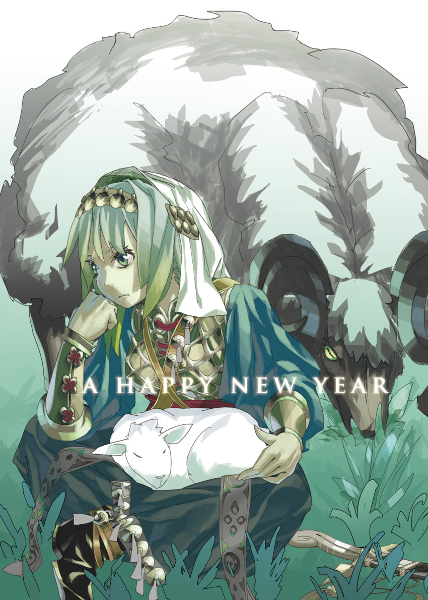 1girl black_pants blue_shirt chinese_zodiac closed_mouth commentary_request frown fuhak full_body goat grass green_eyes green_hair happy_new_year highres lamb looking_afar medium_hair original pants sheep shirt sitting solo vambraces white_hood year_of_the_goat