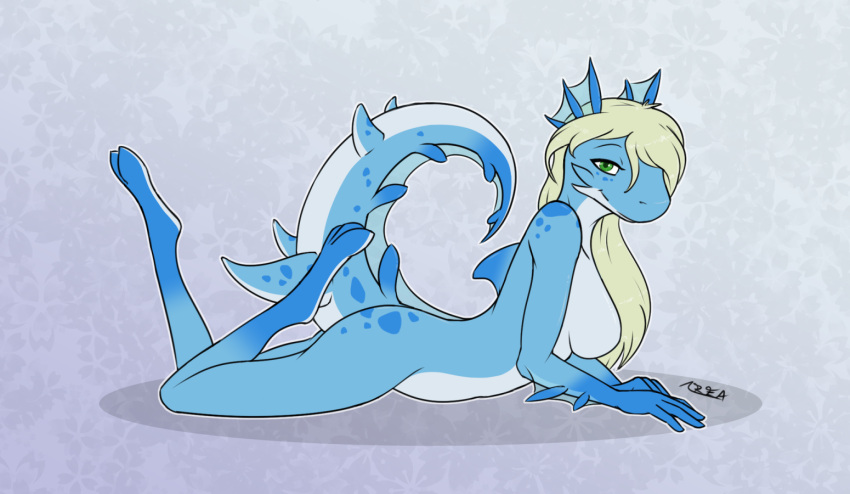 anthro blonde_hair breasts creature71 female fin fish flat_colors hair lying marine shark side_boob side_view solo