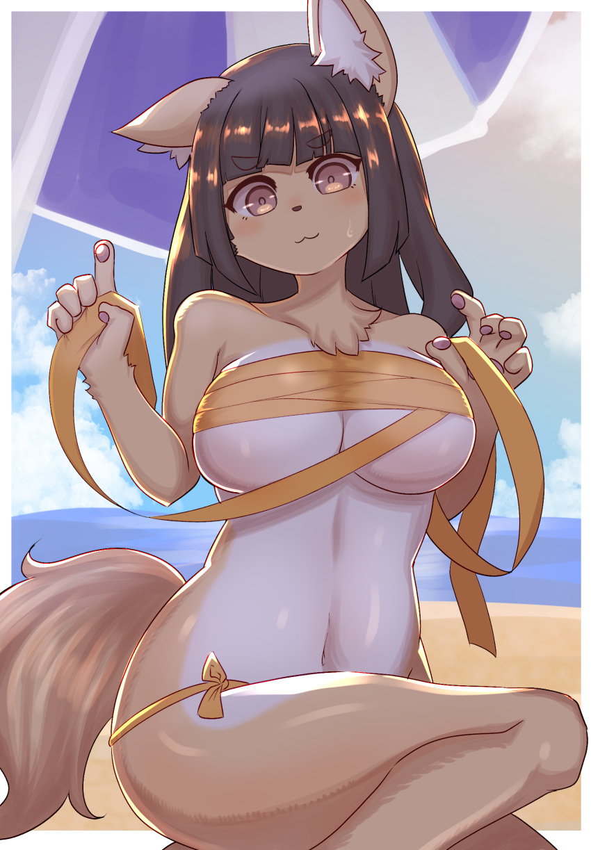 alternate_version_at_source anthro arumo bare_shoulders beach beach_umbrella black_hair blue_sky blush bodily_fluids border breasts brown_eyes canid canine chest_tuft chest_wraps clothed clothing cloud eyebrow_through_hair eyebrows female fox front_view fur glistening glistening_body glistening_fur hair hi_res inner_ear_fluff komena_akamori looking_at_viewer looking_down mammal multicolored_body multicolored_fur navel orange_clothing orange_swimwear pawpads pink_pawpads sand seaside sky solo sweat sweatdrop swimwear tan_body tan_fur translucent translucent_hair tuft two_tone_body two_tone_fur white_body white_border white_fur wraps