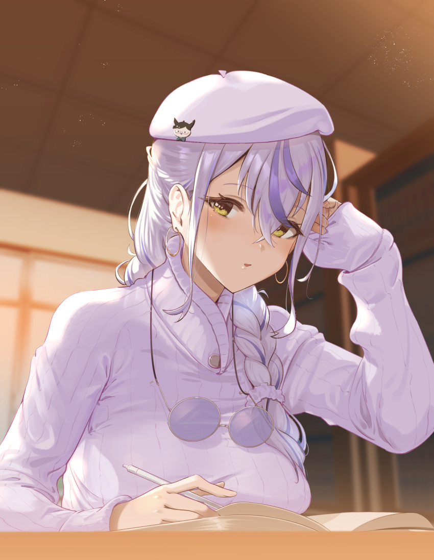 1girl absurdres alternate_costume beret blurry blurry_background blush book braid breasts ceiling commentary_request expressionless eyewear_removed glasses hair_between_eyes hair_over_one_eye hand_in_own_hair hat highres holding holding_pen indoors kohaku_yuri large_breasts long_bangs long_hair long_sleeves looking_at_viewer multicolored_hair nanashi_inc. open_book open_mouth pen purple-tinted_eyewear purple_hair round_eyewear sankyo_(821-scoville) single_braid solo streaked_hair sweater tinted_eyewear two-tone_hair upper_body virtual_youtuber white_hair white_headwear white_sweater yellow_eyes