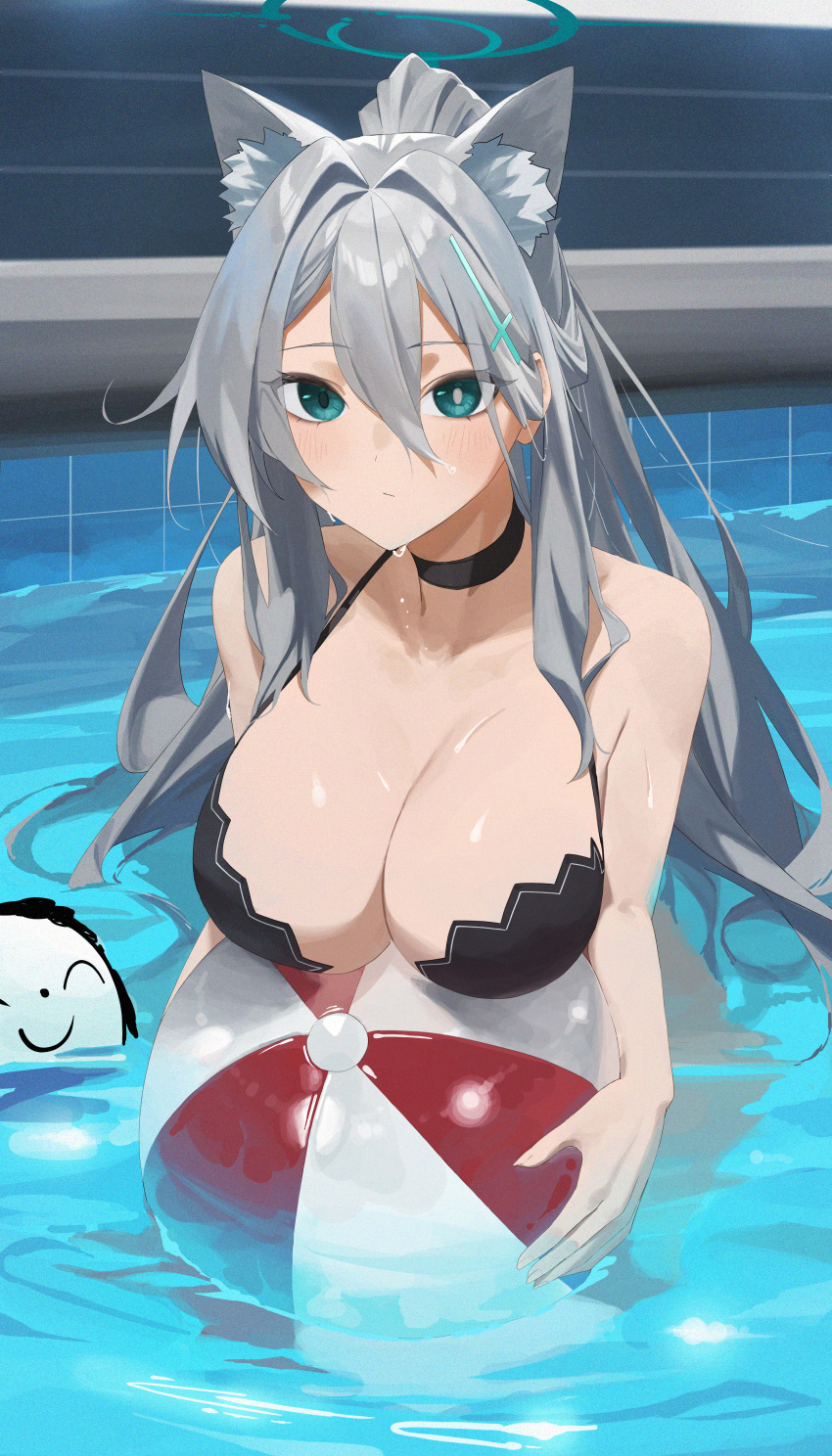 1girl 1other absurdres animal_ear_fluff animal_ears arona's_sensei_doodle_(blue_archive) ball beachball bikini black_bikini black_choker blue_archive blush breast_rest breasts choker cleavage commentary_request grey_hair hair_between_eyes halo highres large_breasts looking_at_viewer mismatched_pupils mm_(mhm2592) partially_submerged ponytail pool refraction sensei_(blue_archive) shiroko_(blue_archive) shiroko_terror_(blue_archive) swimsuit water_drop wolf_ears