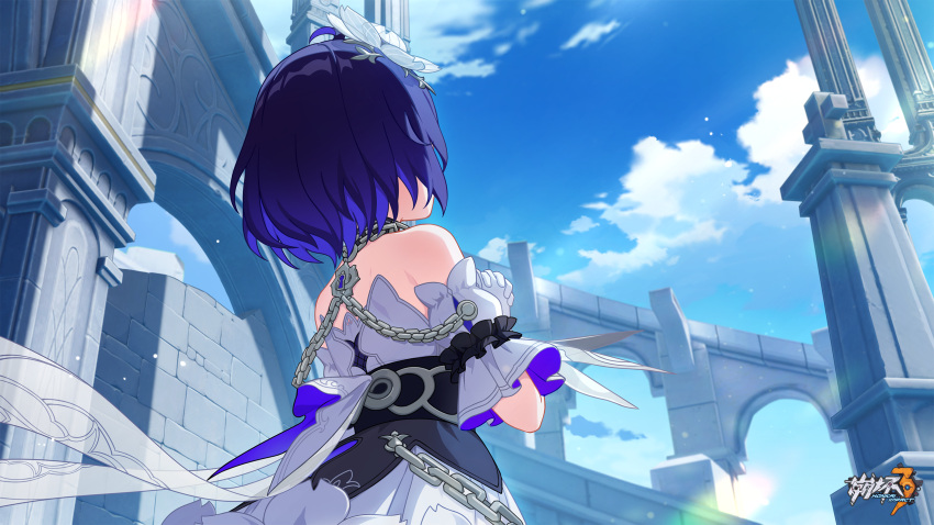 1girl ahoge back bare_shoulders blue_hair blue_sky chain chinese_commentary cloud cloudy_sky day detached_sleeves dress flower gloves hair_flower hair_ornament highres honkai_(series) honkai_impact_3rd logo looking_up official_art official_wallpaper outdoors own_hands_together praying seele_vollerei seele_vollerei_(stygian_nymph) sky solo white_dress white_flower white_gloves