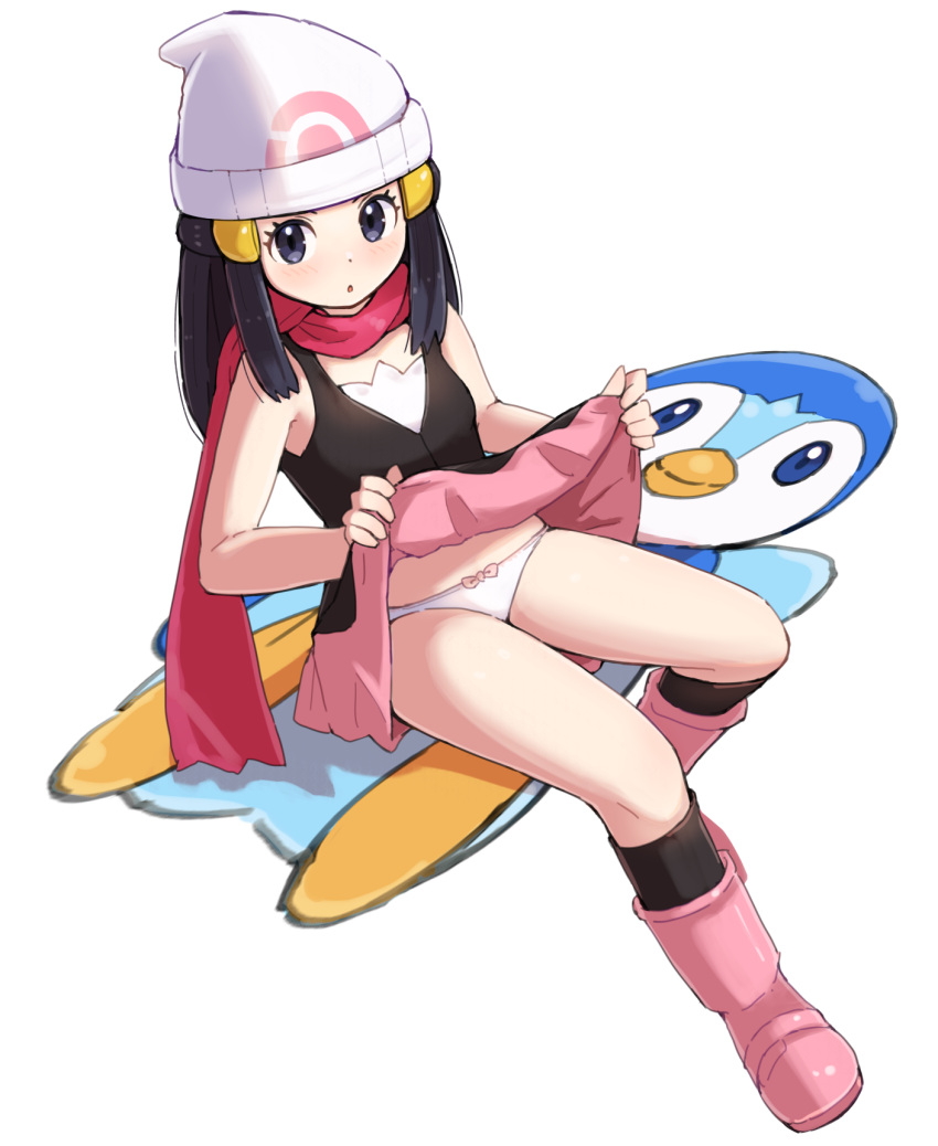 1girl bare_arms beanie black_hair black_shirt black_socks blush boots clothes_lift commentary_request dawn_(pokemon) eyelashes grey_eyes hair_ornament hairclip hat highres kneehighs kutabireta_neko lifted_by_self long_hair looking_at_viewer panties parted_lips pink_footwear pink_scarf pink_skirt piplup poke_ball_print pokemon pokemon_(game) pokemon_dppt scarf shirt sidelocks sitting skirt skirt_lift sleeveless sleeveless_shirt socks underwear white_headwear white_panties