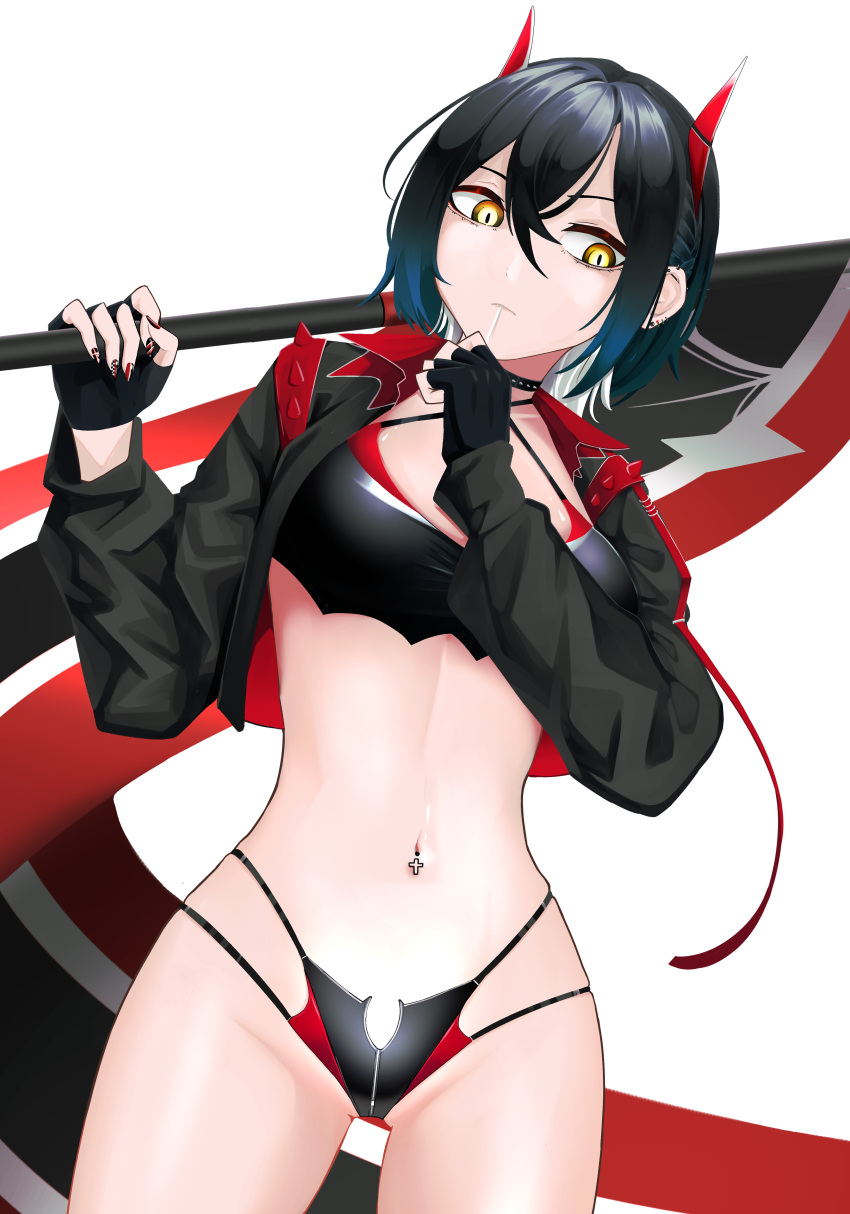 1girl absurdres azur_lane black_collar black_gloves black_hair black_jacket breasts carrying_over_shoulder collar cowboy_shot crop_top cropped_jacket ear_piercing fingerless_gloves flag frown gloves gothic groin hair_between_eyes hands_up highleg highleg_panties highres hip_focus holding holding_flag horns jacket legs_apart looking_at_viewer looking_down medium_breasts multicolored_hair nail_polish navel navel_piercing notsushi open_clothes open_jacket panties piercing revealing_clothes serious skindentation slit_pupils solo standing two-tone_hair ulrich_von_hutten_(azur_lane) ulrich_von_hutten_(ignition_matrician)_(azur_lane) underwear white_hair yellow_eyes