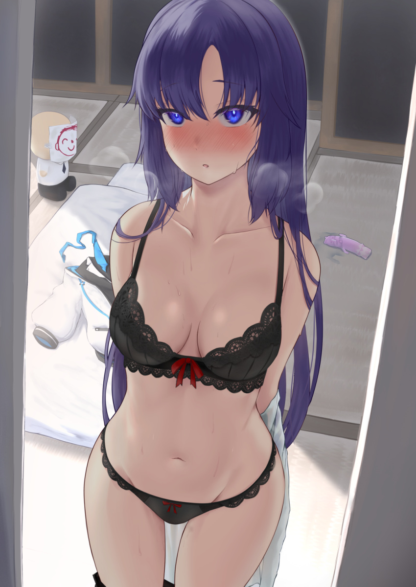 arms_behind_back arona's_sensei_doodle_(blue_archive) black_bra black_panties blue_archive blush bra breasts breasts_apart breath character_doll collarbone dildo groin highres indoors intai1118_(kagetai307668) jacket jacket_removed lace-trimmed_bra lace_trim long_hair looking_at_viewer medium_breasts navel necktie necktie_removed nose_blush panties purple_eyes purple_hair sensei_(blue_archive) sex_toy stomach straight_hair tatami underwear very_long_hair yuuka_(blue_archive)