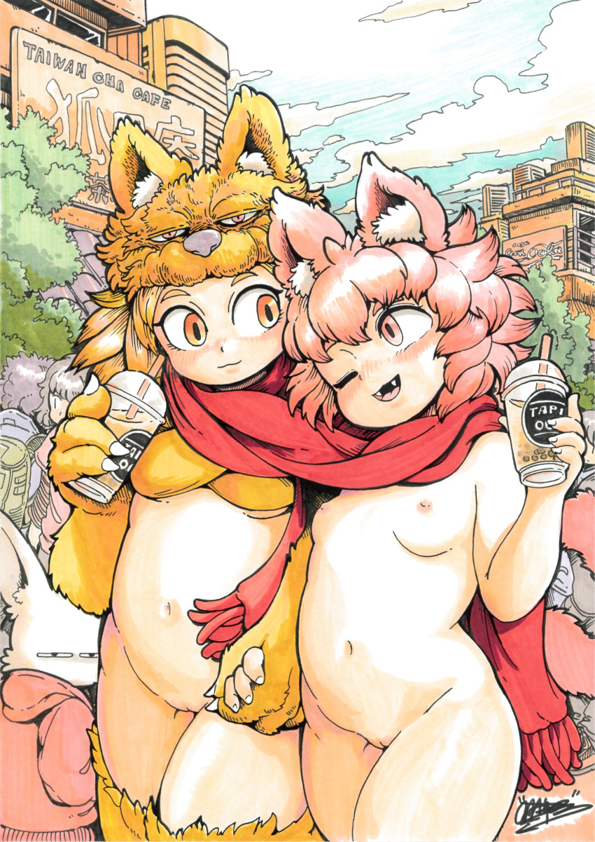 1boy 2girls :3 animal_ear_fluff animal_feet animal_hands artist_self-insert blonde_hair blush bottomless bra breasts bubble_tea cloud commentary_request commission cowboy_shot cup day fangs fox_girl fox_hat furry furry_male glaring highres holding holding_cup hood hood_down hoodie looking_at_another looking_to_the_side medium_bangs moonlight_flower multiple_girls navel nipples one_eye_closed open_mouth oratnir original outdoors pink_eyes pink_hair public_indecency public_nudity pussy ragnarok_online red_hoodie red_scarf scarf second-party_source shared_clothes shared_scarf short_hair small_breasts smile traditional_media tree uncensored underwear yellow_bra yellow_fur yuri