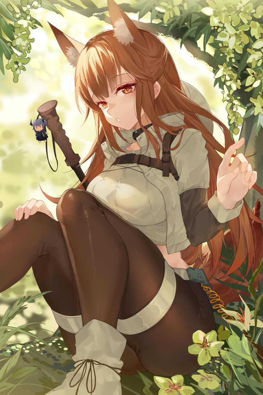 1girl absurdres animal_ear_fluff animal_ears arknights black_pants breasts brown_eyes cameo charm_(object) crop_top extra_ears fox_ears fox_girl fox_tail franka_(arknights) highres hongbaise_raw jungle leaf liskarm_(arknights) long_hair medium_breasts midriff_peek nature outdoors pants shirt sidelocks sitting solo tail thighs very_long_hair white_shirt