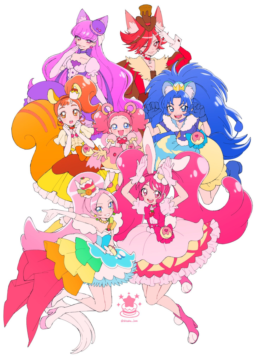 6+girls :d animal_ears arisugawa_himari artist_name blue_eyes blue_hair boots brown_hair cape cat_ears choker commentary_request cure_chocolat cure_custard cure_gelato cure_macaron cure_parfait cure_pekorin cure_whip dress earrings eyelashes gloves hair_ornament hairband happy high_heel_boots high_heels highres jewelry juliet_sleeves kenjou_akira kirahoshi_ciel kirakira_precure_a_la_mode kotozume_yukari long_hair long_sleeves looking_at_viewer magical_girl medium_hair multicolored_hair multiple_girls one_eye_closed open_mouth orange_eyes orange_hair pekorin_(precure) pekorin_(precure)_(human) pink_dress pink_eyes pink_hair precure puffy_short_sleeves puffy_sleeves purple_eyes purple_hair red_eyes red_hair short_hair short_sleeves simple_background smile streaked_hair tail tategami_aoi twitter_username two-tone_hair usami_ichika white_background