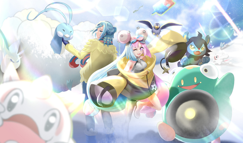 1boy 1girl ;d altaria bellibolt breasts cetoddle closed_mouth commentary cubchoo frosmoth grey_shirt grusha_(pokemon) highres iono_(pokemon) jacket kibi_(anycity) leg_up long_hair luxio mittens multicolored_hair one_eye_closed open_mouth pink_eyes pink_hair pokemon pokemon_(creature) pokemon_(game) pokemon_sv rotom rotom_phone scarf shirt sleeveless sleeveless_shirt smile standing striped striped_scarf twintails two-tone_hair wattrel yellow_jacket