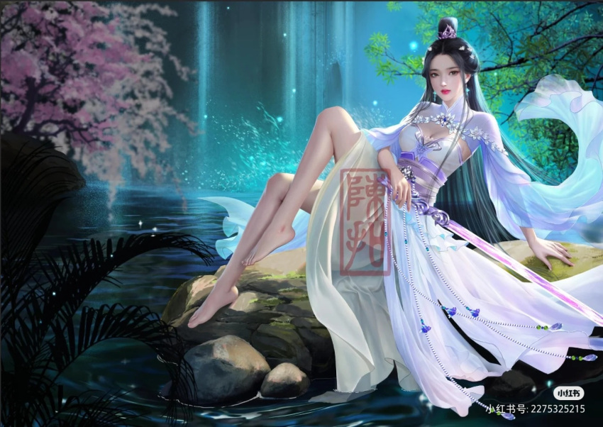 1girl artist_request bare_legs barefoot black_hair closed_mouth dress earrings fern full_body hair_bun holding holding_sword holding_weapon jewelry long_hair long_sleeves lu_xueqi_(zhu_xian) realistic sash sitting solo sword third-party_source tree water waterfall watermark weapon white_dress zhu_xian