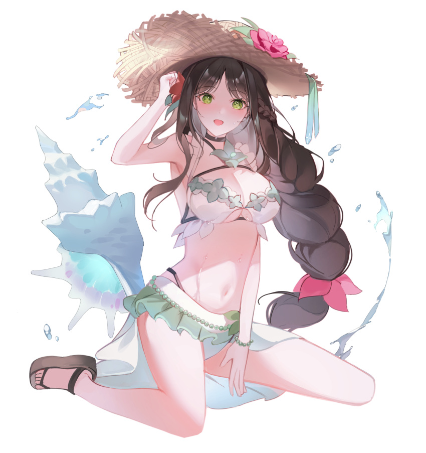 1girl beads between_legs bikini black_choker black_survival bracelet braid braided_ponytail breasts brown_hair choker clover eternal_return:_black_survival flower green_eyes gweon_sua hair_ribbon hand_between_legs hand_up hat hat_flower highres ixerx jewelry large_breasts long_hair looking_at_viewer navel open_mouth red_ribbon ribbon sandals sarong seashell shamrock shell sitting solo splashing straw_hat swimsuit symbol-shaped_pupils transparent_background very_long_hair wariza wet white_bikini