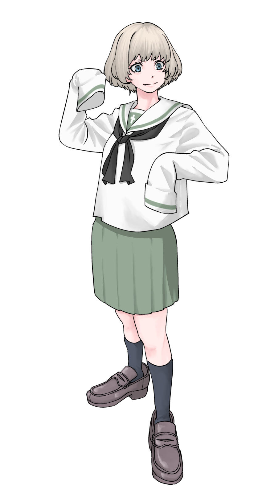 1girl absurdres black_socks blonde_hair blue_eyes fang girls_und_panzer green_skirt highres katyusha_(girls_und_panzer) ooarai_school_uniform oversized_clothes pleated_skirt school_uniform serafuku shoes short_hair simple_background skirt skrmtl smile socks solo white_background