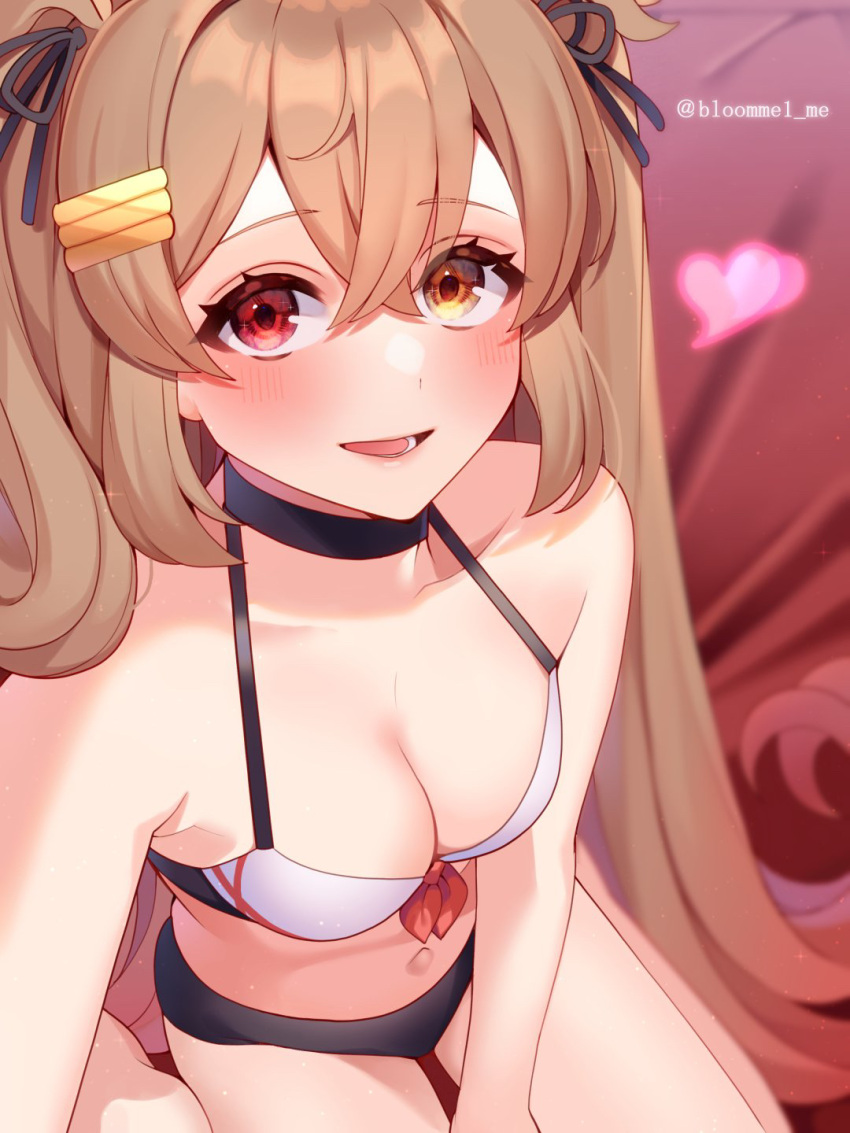 1girl bikini black_bikini blush breasts brown_eyes gradient_hair hair_between_eyes hair_flaps hair_ornament hair_ribbon hairclip heart heterochromia highres kantai_collection kozu_(bloomme1_me) light_brown_hair long_hair looking_at_viewer multicolored_hair murasame_(kancolle) murasame_kai_ni_(kancolle) official_alternate_costume red_eyes ribbon school_uniform sitting small_breasts smile solo swimsuit twitter_username two_side_up