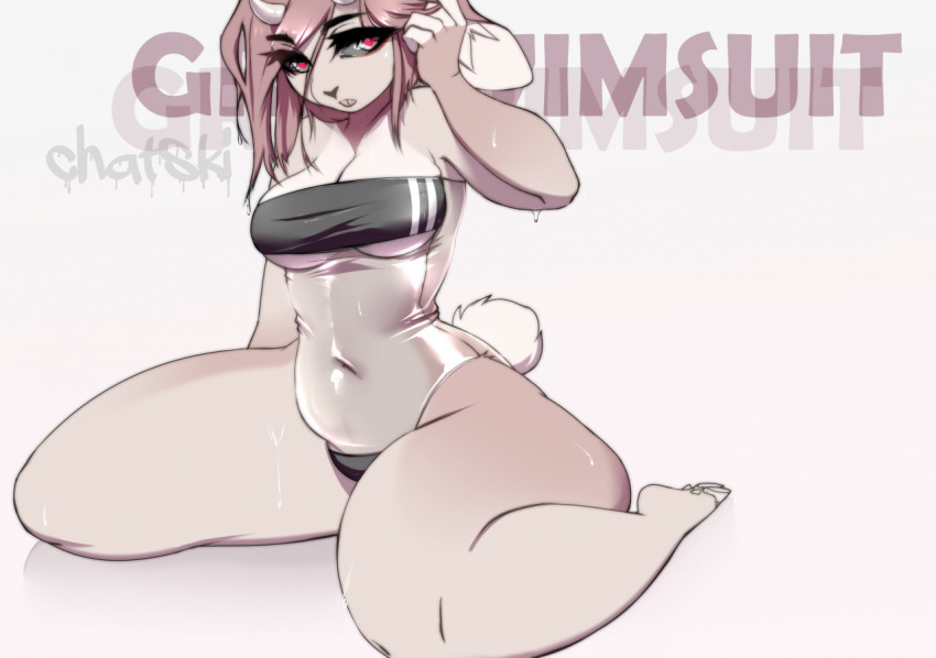 &lt;3 &lt;3_eyes abstract_background anthro belly black_sclera breast_squish breasts brown_body brown_fur brown_hair chatski chatski_(fursona) chubby_female clothing dripping english_text female fluffy fluffy_tail full-length_portrait fur girly gris_swimsuit hair horn kneeling lagomorph leporid male mammal meme meme_clothing navel one-piece_swimsuit open_mouth portrait rabbit short_hair short_tail solo squish swimwear tail text tight_clothing translucent translucent_clothing translucent_swimwear wet wet_body wet_fur wet_hair wide_hips