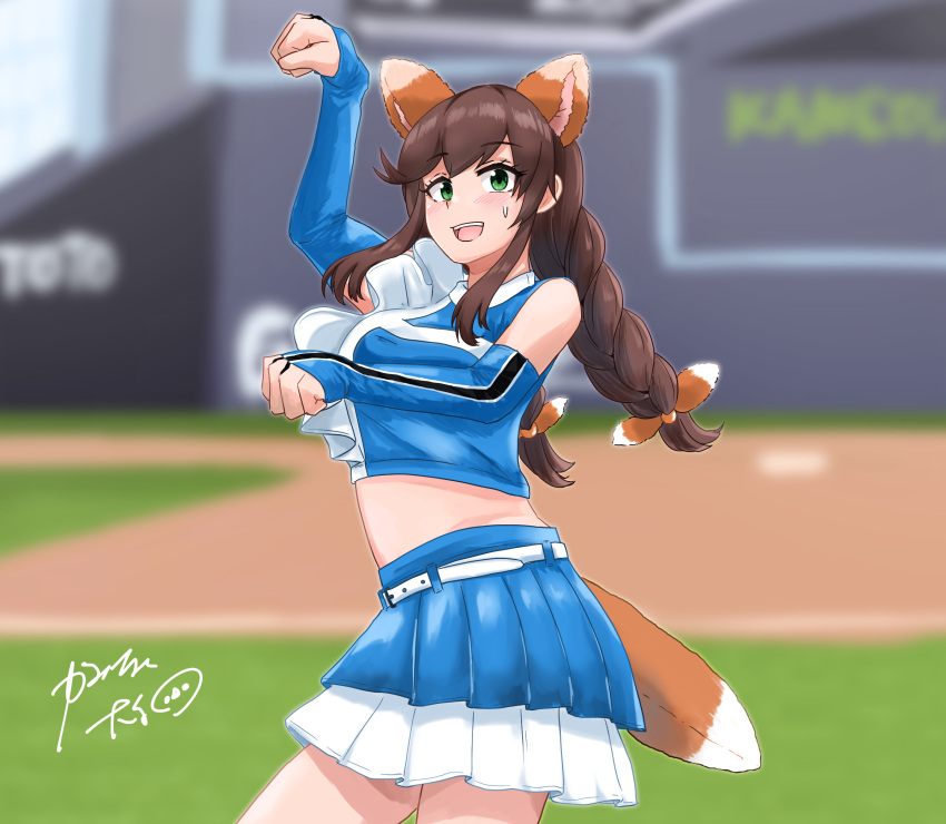 1girl alternate_costume animal_ears baseball_stadium blue_shirt blue_skirt blurry blurry_background braid bridal_gauntlets brown_hair cheerleader commentary_request cowboy_shot fox_ears fox_tail green_eyes heads_together highres kaminashi_yamato kantai_collection kitsune_dance layered_skirt looking_at_viewer midriff noshiro_(kancolle) paw_pose shirt signature simple_background skirt sleeveless sleeveless_shirt solo sweat swept_bangs tail twin_braids white_background