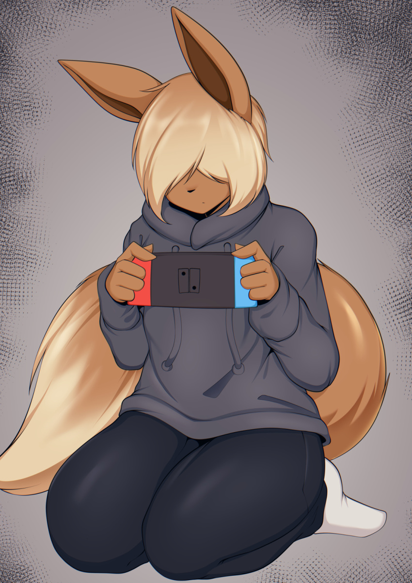 anthro big_tail blonde_hair brown_body brown_fur clothing eevee female fur generation_1_pokemon hair hi_res huge_thighs kneeling nintendo nintendo_switch obscured_eyes pokemon pokemon_(species) solo tail tailzkim thick_thighs