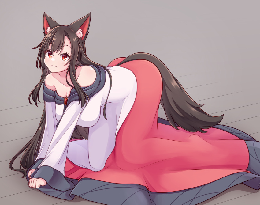 1girl all_fours animal_ear_fluff animal_ears bare_shoulders breasts brown_hair cleavage closed_mouth commentary_request full_body grey_background hashi2387 highres imaizumi_kagerou large_breasts light_blush long_hair looking_at_viewer off-shoulder_shirt off_shoulder on_floor pink_skirt red_eyes red_skirt shirt simple_background skirt smile solo tail touhou v_arms very_long_hair white_shirt wolf_ears wolf_tail wooden_floor