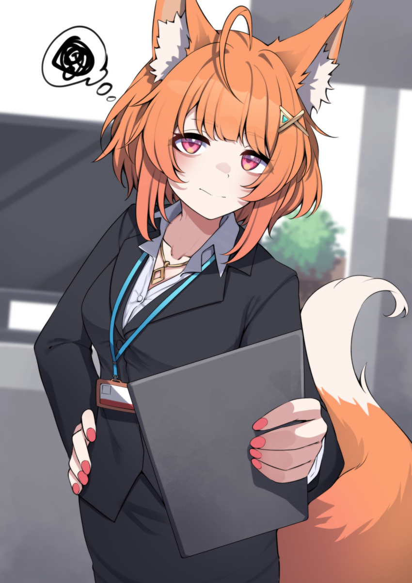 1girl ahoge animal_ear_fluff animal_ears black_jacket black_skirt collarbone collared_shirt fox_ears fox_girl fox_tail hair_ornament hand_on_own_hip highres holding holding_tablet_pc indie_virtual_youtuber jacket jewelry medium_hair momiji_saffron necklace office_lady orange_hair pencil_skirt pink_eyes pink_nails scribble shirt skirt solo tablet_pc tail thought_bubble valefal_coneri virtual_youtuber white_shirt