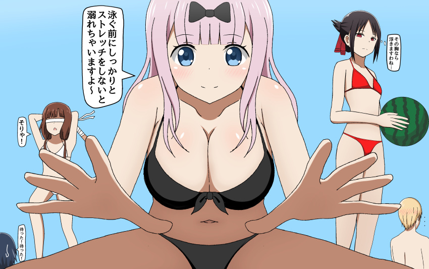 2boys 3girls absurdres bikini black_bikini black_bow black_hair blonde_hair blue_background blue_eyes blunt_bangs blush bow breasts brown_hair cleavage closed_mouth commentary_request folded_ponytail front-tie_bikini_top front-tie_top fujiwara_chika hair_ribbon highres iino_miko ishigami_yuu kaguya-sama_wa_kokurasetai_~tensai-tachi_no_renai_zunousen~ large_breasts long_hair looking_at_another looking_at_viewer multiple_boys multiple_girls navel pink_hair poa_mellhen red_bikini red_eyes red_ribbon ribbon shinomiya_kaguya shirogane_miyuki sidelocks simple_background sitting small_breasts smile solo_focus speech_bubble spread_legs standing stretching sweatdrop swimsuit translation_request