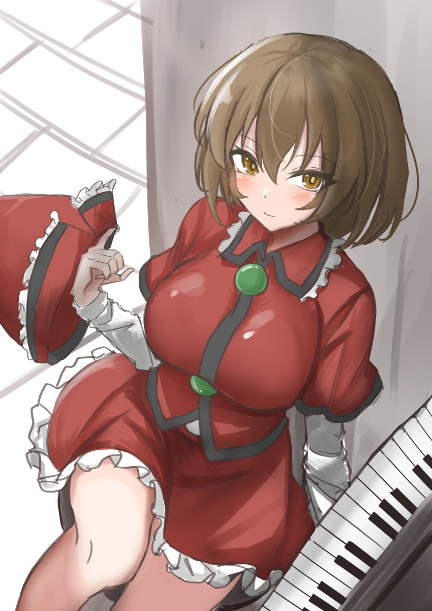 1girl absurdres bare_legs blush breasts brown_hair hat highres instrument keyboard_(instrument) kuraki large_breasts looking_at_viewer lyrica_prismriver petticoat qingdai_guanmao red_headwear red_skirt red_vest shirt sitting skirt solo touhou vest white_shirt