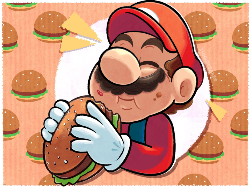 1boy brown_hair burger closed_eyes commentary eating facial_hair food food_in_mouth food_on_face hat highres holding holding_food jiggidyjakes male_focus mario mario_(series) mustache patterned_background sesame_seeds solo upper_body