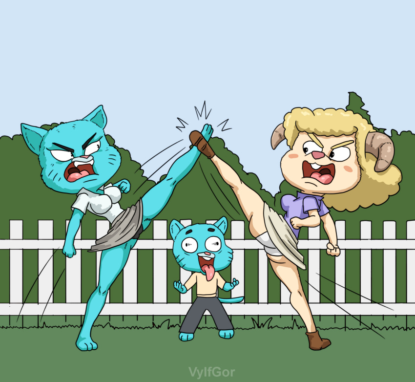 2023 age_difference anthro big_breasts blonde_hair bottomwear bovid breasts caprine cartoon_network chi_chi's_mom clothed clothing domestic_cat felid feline felis female fight fighting_pose fully_clothed goat group gumball_watterson hair hi_res high_kick horn kick larger_female male male/female mammal mature_female mother_(lore) mother_and_child_(lore) mother_and_son_(lore) nicole_watterson older_female open_mouth parent_(lore) parent_and_child_(lore) parent_and_son_(lore) pose punch shirt simple_background size_difference skirt smaller_male son_(lore) the_amazing_world_of_gumball topwear trio vylfgor young younger_male