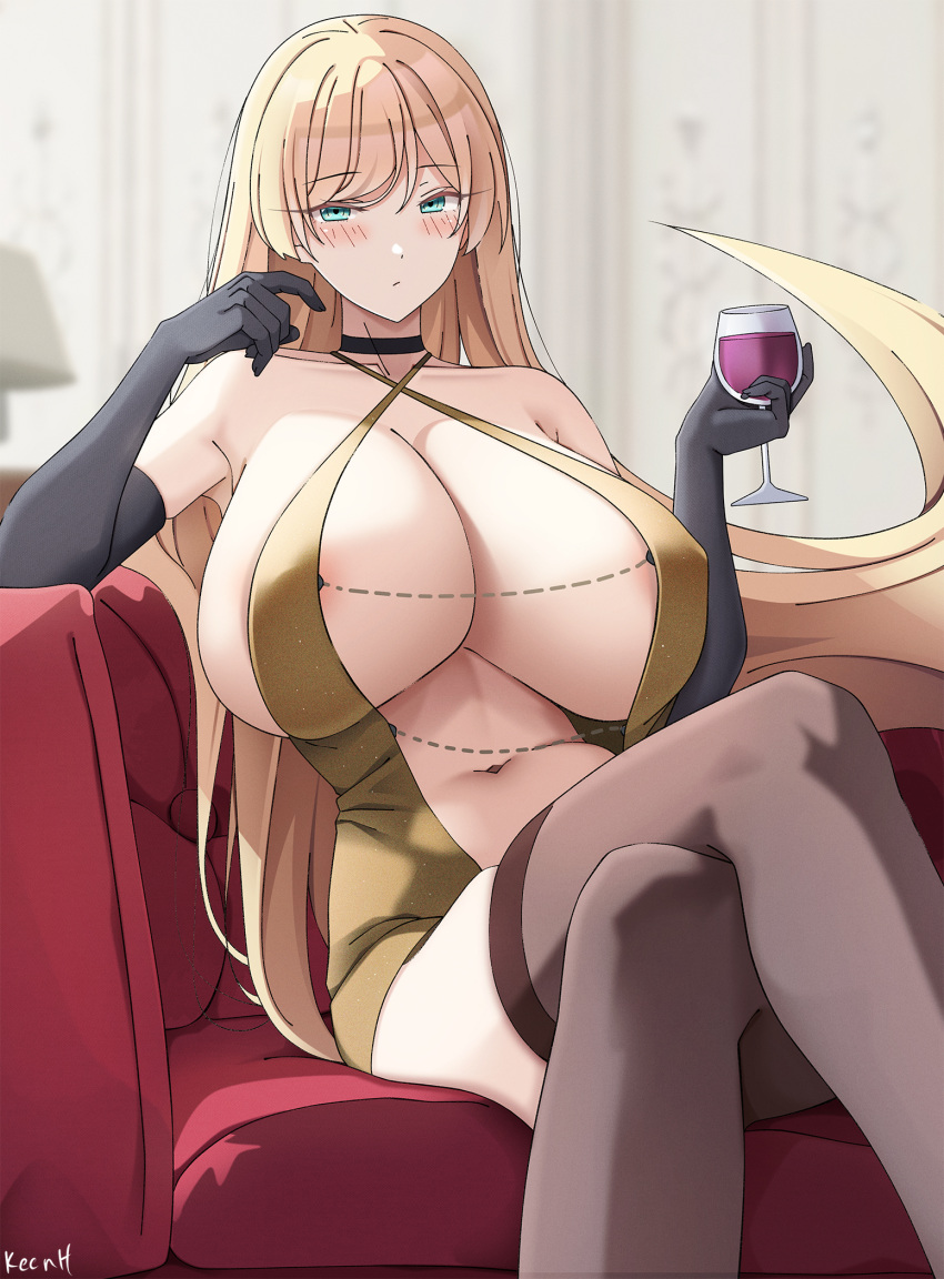 1girl areola_slip bare_shoulders black_choker black_gloves blonde_hair blush breasts brown_thighhighs choker cleavage closed_mouth collarbone commentary couch crossed_legs cup dress drinking_glass elbow_gloves english_commentary gloves green_eyes guilty_gear highres holding holding_cup keenh long_hair looking_at_viewer millia_rage navel sideboob sitting solo thighhighs thighs wine_glass yellow_dress