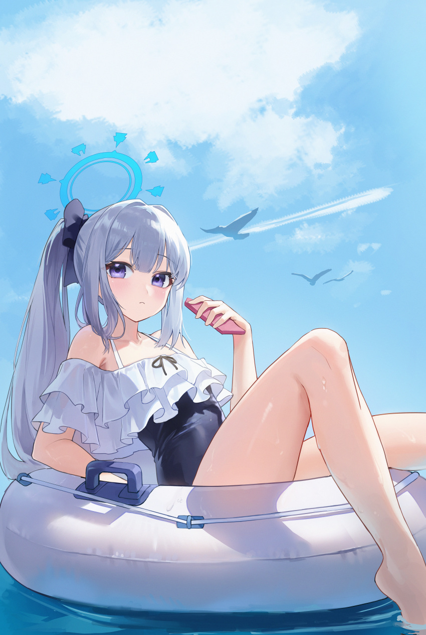 1girl absurdres ahoge airi_(ugpv2858) bare_legs bare_shoulders barefoot blue_archive blue_halo blue_one-piece_swimsuit blush breasts casual_one-piece_swimsuit closed_mouth cloud collarbone day frilled_one-piece_swimsuit frills halo highres holding holding_phone long_hair looking_at_viewer miyako_(blue_archive) miyako_(swimsuit)_(blue_archive) off-shoulder_one-piece_swimsuit off_shoulder official_alternate_costume on_innertube one-piece_swimsuit phone ponytail purple_eyes solo swimsuit very_long_hair water white_hair white_innertube