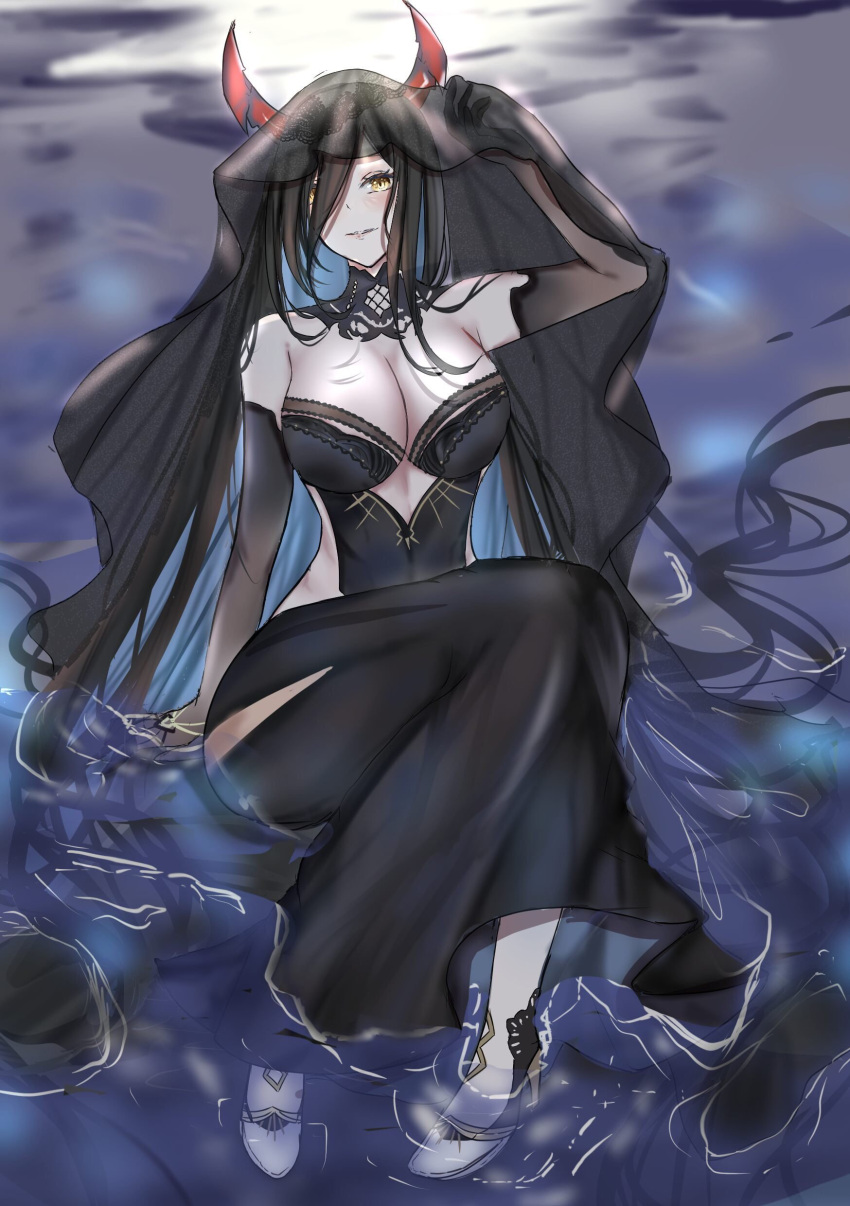 absurdres azur_lane bare_shoulders black_hair black_sleeves black_veil breasts cleavage dismaer friedrich_der_grosse_(azur_lane) friedrich_der_grosse_(zeremonie_of_the_cradle)_(azur_lane) gold_trim hair_over_one_eye hand_up high_heels highres horns large_breasts light_blush long_bangs long_hair mechanical_horns partially_submerged red_horns smile veil very_long_hair yellow_eyes