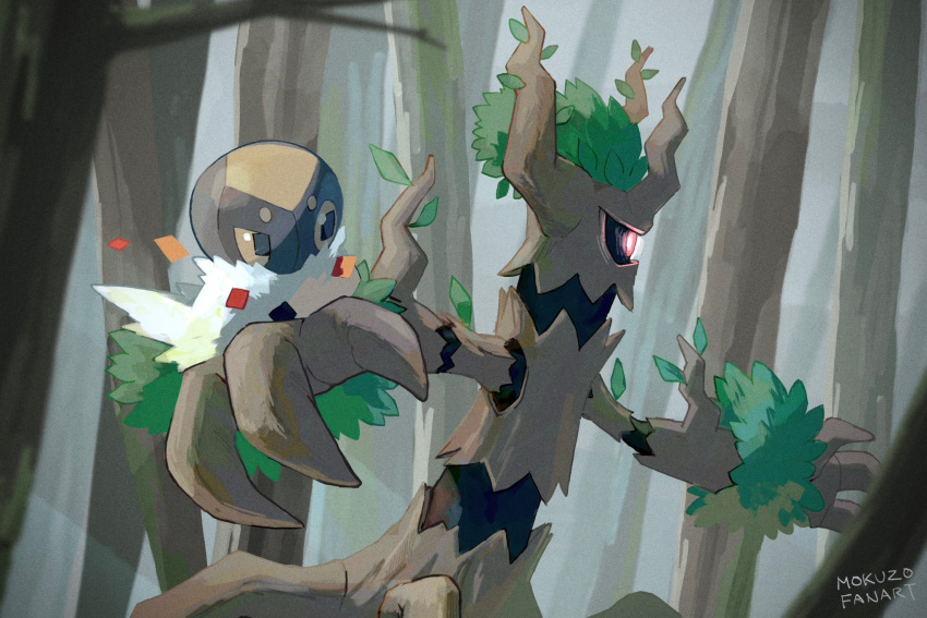 bright_pupils day forest glowing glowing_eye highres mokuzou_(moku_ssbu) nature no_humans outdoors pink_eyes pokemon pokemon_(creature) pokemon_on_arm signature spewpa tree trevenant white_pupils