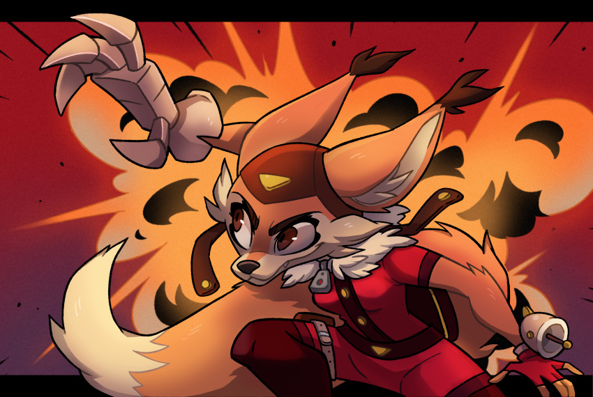 absurd_res action_pose anthro aviator_cap awesomenauts backpack belt canid canine cheek_tuft clothed clothing digital_media_(artwork) dipstick_tail doodlelot explosion facial_tuft female fox fur gloves gun handwear hat headgear headwear hi_res mammal markings mechanical_arm penny_fox pose pouch_(clothing) ranged_weapon simple_background solo tail tail_markings tight_clothing tuft weapon wrist_gun zipper
