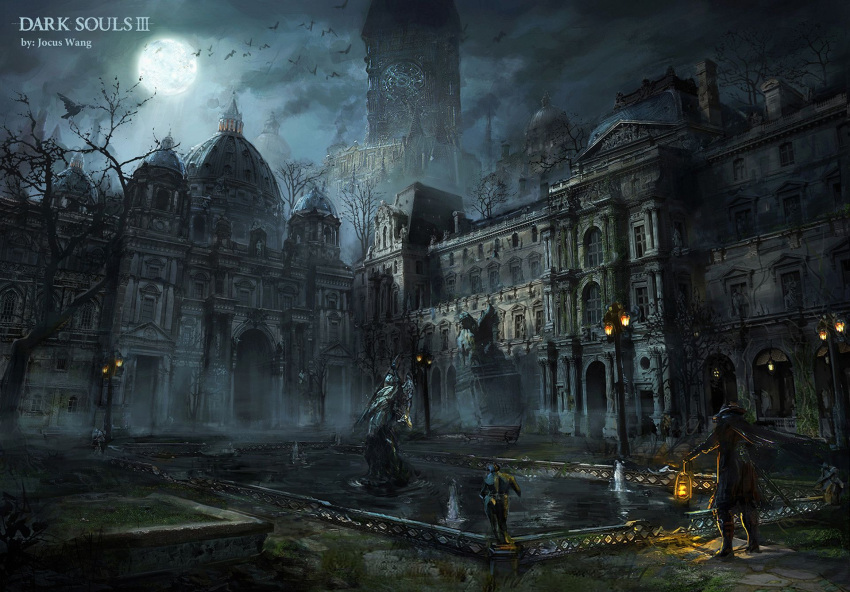 1boy architecture artist_name bloodborne boots building city cloud fog full_body full_moon gothic gothic_architecture hat highres holding holding_lantern hunter_(bloodborne) jocus_wang lantern moon night ornament outdoors pond scenery sky solo standing statue water weapon yharnam