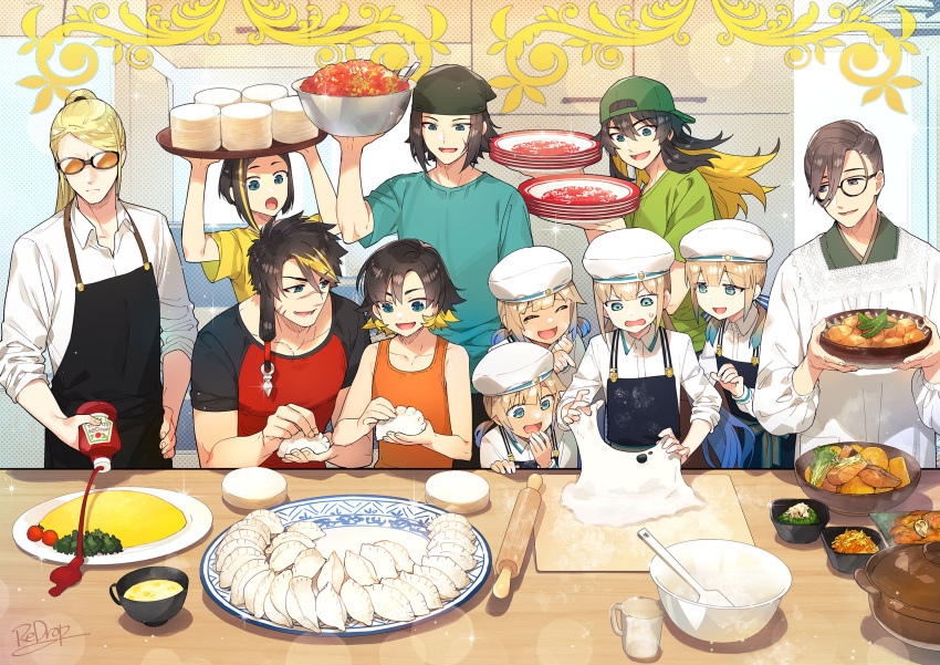 3others 6+boys :d :o ^_^ annoyed apron aqua_eyes aqua_shirt artist_name backwards_hat baker_nemo_(fate) baseball_cap beret black_apron black_hair blonde_hair blue_hair blunt_bangs bottle bowl brown_hair cabinet captain_nemo_(fate) cherry_tomato closed_eyes closed_mouth collared_shirt colored_inner_hair contemporary cooking cooking_pot daikon dough dumpling failure fate/grand_order fate_(series) father_and_son fish_(food) flour food furrowed_brow glasses gradient_hair green_headwear green_kimono green_shirt hair_between_eyes hair_ornament hair_over_one_eye hair_pulled_back hand_on_hip hat head_scarf highres holding holding_bottle holding_bowl holding_plate holding_tray huang_feihu_(fate) huang_tianhua_(fate) huang_tianjue_(fate) huang_tianlu_(fate) huang_tianxiang_(fate) indoors japanese_clothes jiaozi kappougi ketchup ketchup_bottle kimono kitchen laughing lens_flare light_brown_hair long_hair looking_at_another low_twintails lower_teeth_only male_child marine_nemo_(fate) measuring_cup meat mixing_bowl multicolored_hair multiple_boys multiple_others nemo_(fate) omelet omurice opaque_glasses open_collar open_mouth orange-tinted_eyewear orange_tank_top parted_bangs parted_lips plate plate_stack pointing ponytail purple_eyes radish redrop rolling_pin scar scar_on_face scar_on_nose shirt short_hair single_sidelock sleeves_rolled_up smile soup sparkle spatula streaked_hair sunglasses sweatdrop swept_bangs t-shirt table tank_top teeth tezcatlipoca_(fate) tinted_eyewear tomato tray twintails upper_body v-shaped_eyebrows white_headwear white_shirt wooden_table yamanami_keisuke_(fate) yellow_shirt