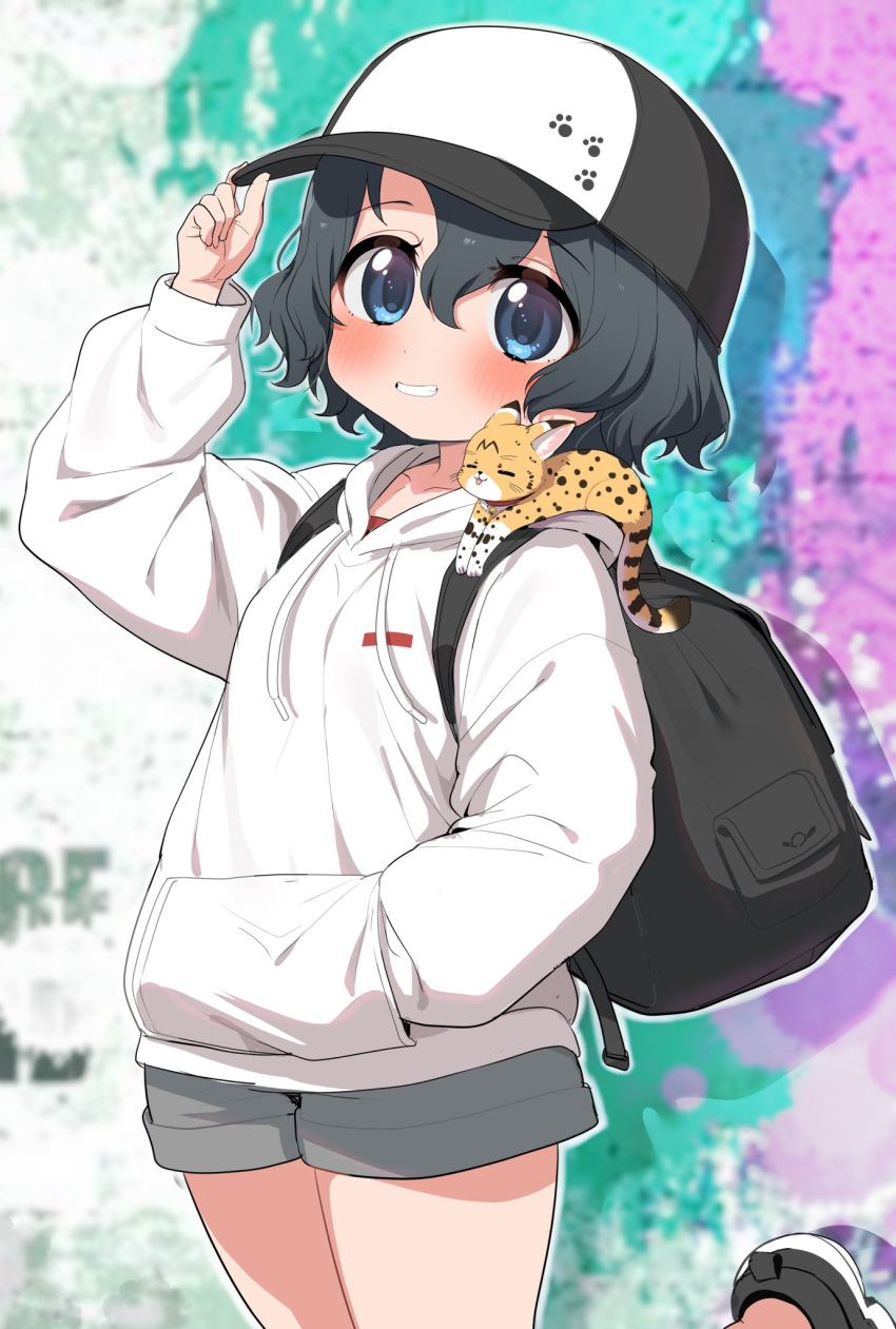 1girl alternate_costume backpack bag baseball_cap black_bag black_footwear black_hair black_headwear blue_eyes blush casual cowboy_shot grey_shorts hair_between_eyes hand_in_pocket hand_on_headwear hat highres hood hood_down hoodie kaban_(kemono_friends) kemono_friends long_sleeves ransusan serval shoes short_hair short_shorts shorts sidelocks sneakers solo standing standing_on_one_leg two-tone_headwear white_headwear white_hoodie