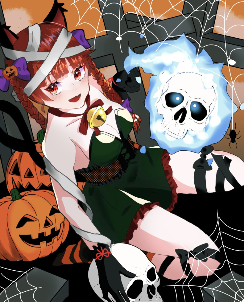 1girl alternate_costume animal_ears bandages bare_shoulders bell black_bow black_gloves blue_eyes bow braid breasts bug cat_ears cat_tail cleavage corset cross dress fang ghost gloves green_dress halloween highres hitodama holding holding_skull jack-o'-lantern jingle_bell kaenbyou_rin leg_ribbon looking_at_viewer multiple_tails neck_bell open_mouth orange_background pumpkin purple_bow red_bow red_eyes red_hair ribbon shi_ppo_no silk sitting skull slit_pupils smile spider spider_web tail tombstone touhou twin_braids two_tails