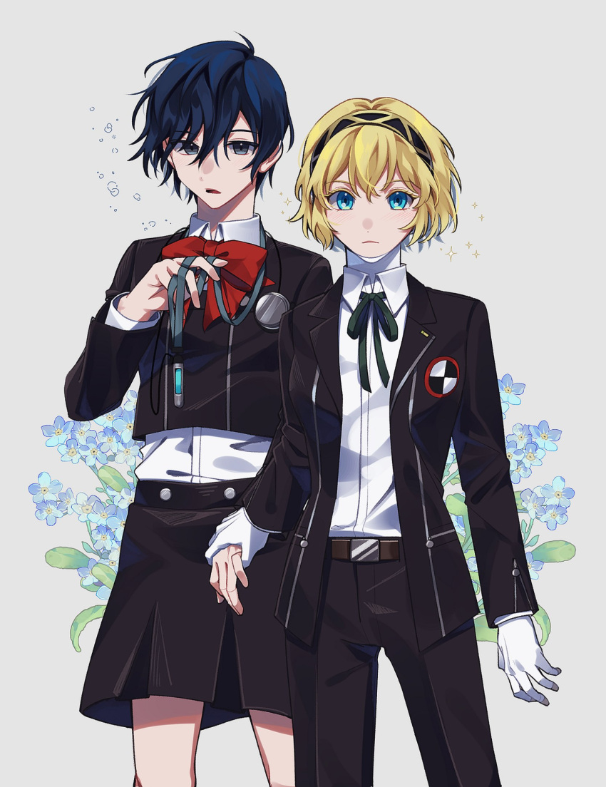 1boy 1girl aegis_(persona) aegis_(persona)_(cosplay) alternate_costume android belt belt_buckle black_hairband black_jacket black_pants black_ribbon black_skirt blonde_hair blue_eyes blue_flower blue_hair bow bowtie breasts brown_belt buckle cleavage cosplay costume_switch crossdressing elulit2 floral_background flower gekkoukan_high_school_uniform hairband highres holding_hands jacket long_sleeves looking_at_viewer neck_ribbon open_clothes open_jacket pants persona persona_3 red_bow red_bowtie ribbon school_uniform shirt short_hair skirt uniform white_shirt yuuki_makoto yuuki_makoto_(cosplay)