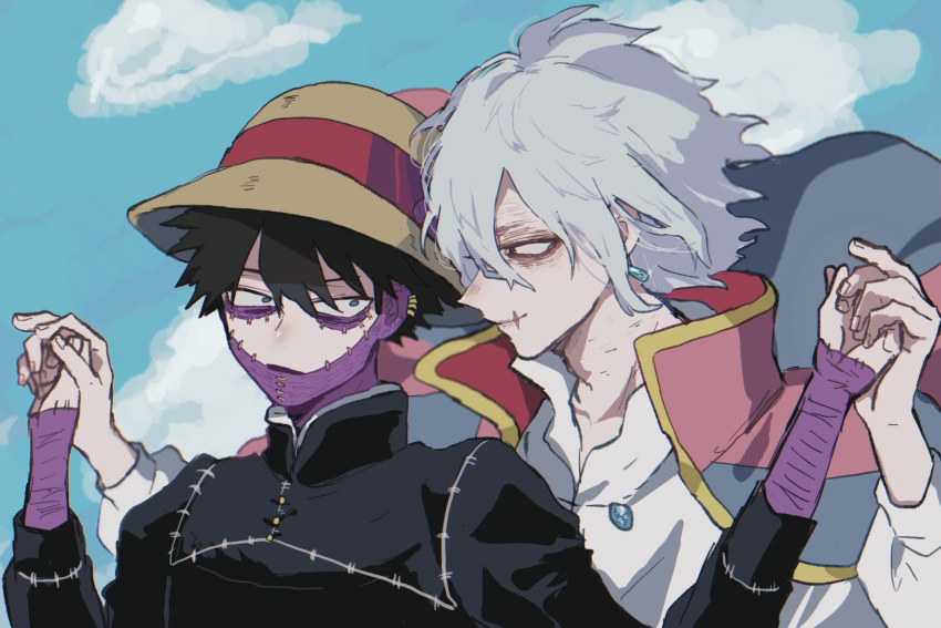 2boys ametaro_(ixxxzu) black_hair black_shirt blue_eyes blue_sky boku_no_hero_academia burn_scar cheek_piercing cloud dabi_(boku_no_hero_academia) day earrings grey_hair hat highres jewelry male_focus multiple_boys multiple_scars outdoors red_eyes scar scar_on_face shigaraki_tomura shirt short_hair sky spiked_hair staple stapled sun_hat white_shirt wrinkled_skin yaoi