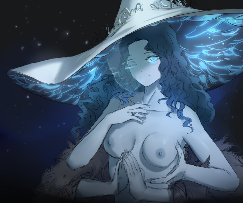 1girl bare_shoulders blue_eyes blue_hair blue_skin breasts cape colored_skin elden_ring extra_arms extra_faces fur_cape hat jewelry large_hat looking_at_viewer medium_breasts ningre_huahe nipples one_eye_closed ranni_the_witch ring simple_background solo topless witch_hat