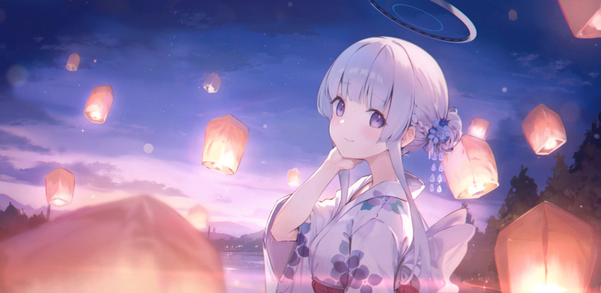 1girl alternate_costume alternate_hairstyle blue_archive blurry bokeh closed_mouth cloud commentary_request depth_of_field evening from_side hair_bun halo highres japanese_clothes kimono kyaroru lantern looking_at_viewer looking_to_the_side mechanical_halo mountainous_horizon noa_(blue_archive) outdoors paper_lantern purple_eyes sideways_glance single_hair_bun sky smile solo upper_body white_hair white_kimono
