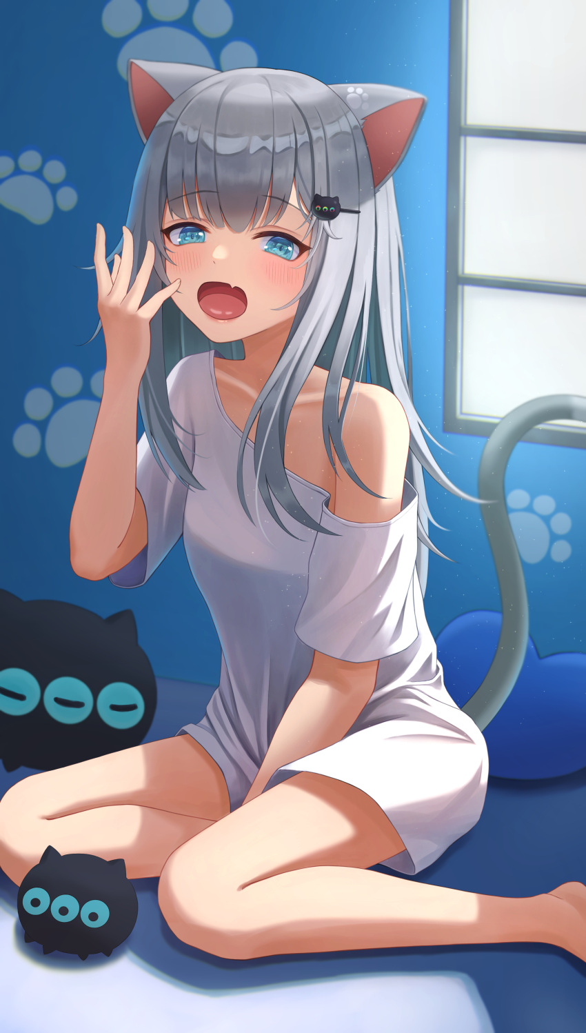 1girl absurdres animal_ears bare_legs barefoot blue_eyes cat_ears cat_girl cat_tail fang grey_hair harupuri913 highres indie_virtual_youtuber long_hair looking_at_viewer nachoneko no_pants off-shoulder_shirt off_shoulder open_mouth shirt sitting skin_fang tail virtual_youtuber white_shirt yawning