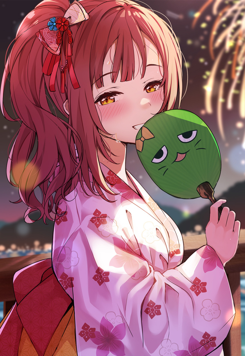 1girl aerial_fireworks blurry blurry_background blush bokeh breasts brown_hair depth_of_field fireworks floral_print grin hand_fan highres holding holding_fan idolmaster idolmaster_cinderella_girls igarashi_kyoko japanese_clothes kimono looking_at_viewer looking_to_the_side medium_breasts night nira_(vira) outdoors paper_fan pina_korata pink_kimono railing side_ponytail smile solo sweat upper_body yukata