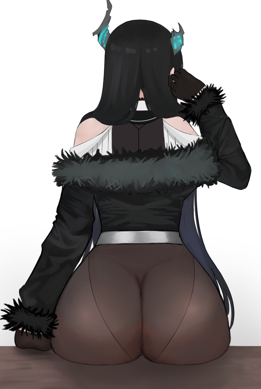 1girl ass ass_focus asymmetrical_horns back bare_shoulders black_hair blue_hair breasts facing_away from_behind fur_trim hair_ornament highres hololive hololive_english horns huge_ass leotard linllynv long_hair nerissa_ravencroft sitting solo uneven_horns virtual_youtuber