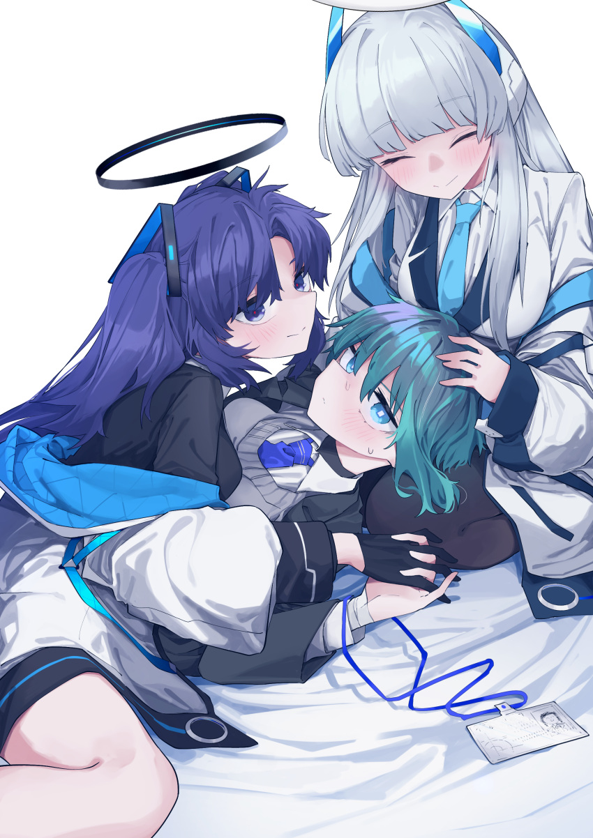 3girls absurdres arona's_sensei_doodle_(blue_archive) black_gloves black_pantyhose blue_archive blue_necktie blush breasts closed_eyes closed_mouth collared_shirt female_sensei_(blue_archive) gloves green_eyes green_hair grey_hair halo highres jacket large_breasts long_hair mechanical_halo multiple_girls necktie noa_(blue_archive) pantyhose purple_eyes purple_hair sensei_(blue_archive) shirt short_hair simple_background smile suit two-sided_fabric two-sided_jacket two_side_up vivo_(vivo_sun_0222) white_background white_jacket white_shirt yuuka_(blue_archive)